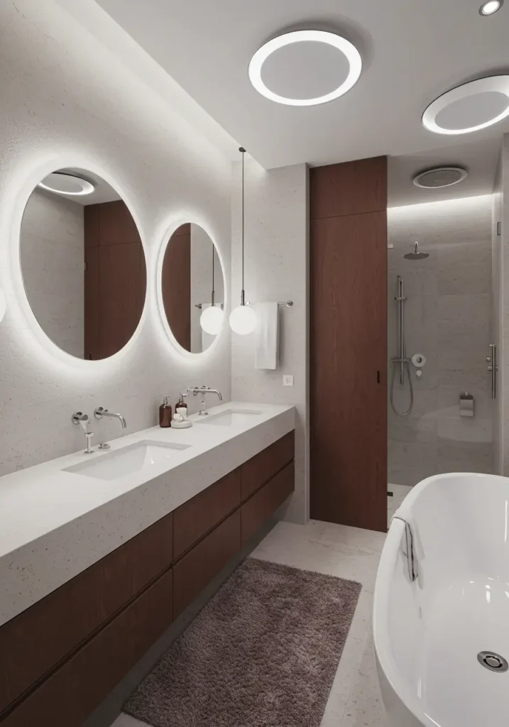 This futuristic concept features spherical elements that appear to float in space, creating a bathroom that feels more like a space station than a traditional room.