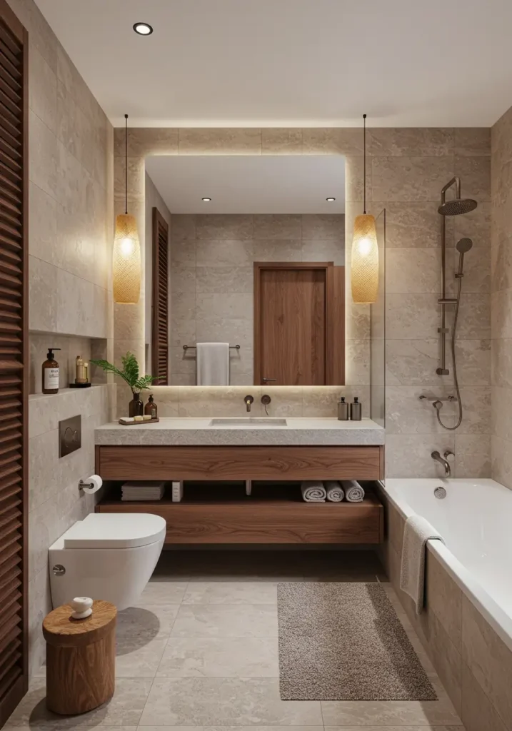Blending contemporary design with tropical resort aesthetics, this concept creates a vacation-like retreat using lush materials, warm tones, and natural textures that evoke the feeling of a luxury spa in paradise.