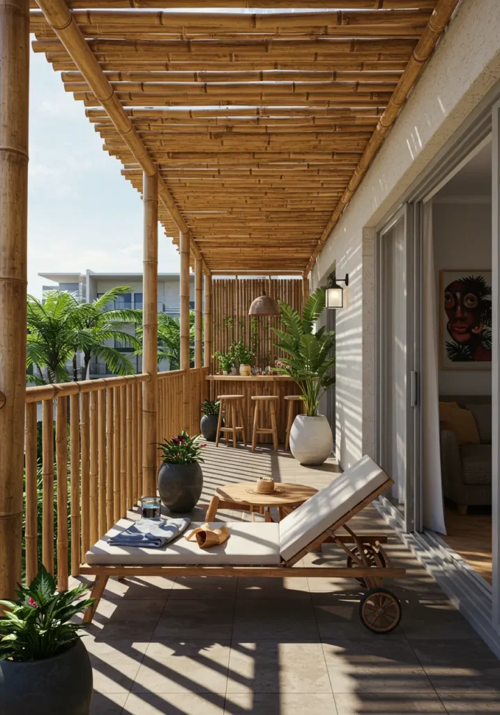 Inspired by luxury Caribbean resorts and tiki culture, this design creates a vacation-like atmosphere with natural materials and tropical flair.