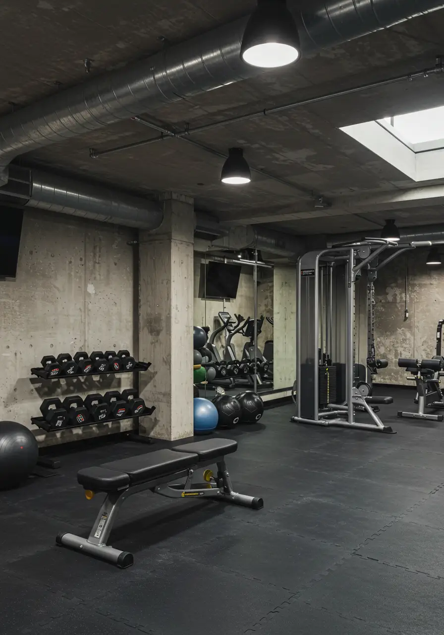 This energizing transformation creates a professional-grade home gym with urban loft aesthetics. The design maximizes functionality while maintaining visual appeal, making workouts feel like a boutique fitness experience.