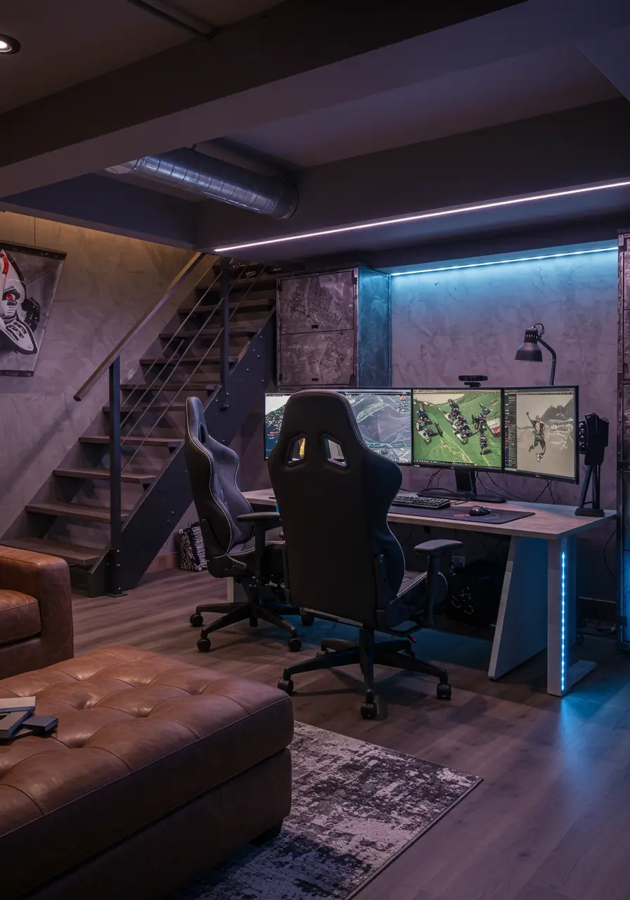 Designed for the modern gamer and entertainment enthusiast, this basement combines high-tech functionality with industrial aesthetics to create the ultimate gaming and entertainment space.