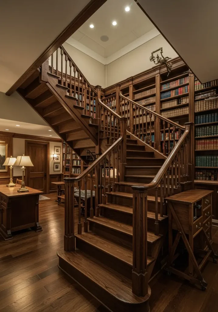 Transform your basement stairs into a passage worthy of a grand library or academic institution, with rich materials and built-in book storage that celebrates learning and literature.
