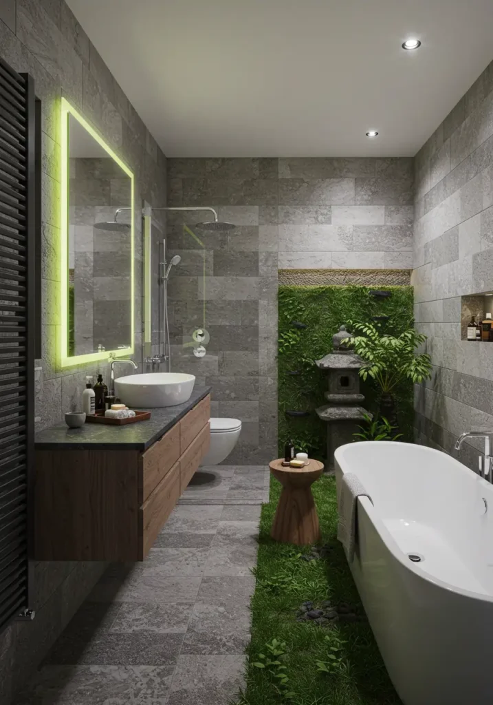 Rooted in Japanese design philosophy emphasizing harmony, simplicity, and connection to nature, this bathroom creates a meditative space for daily rituals. The jade green palette evokes tranquil temple gardens and peaceful water features.