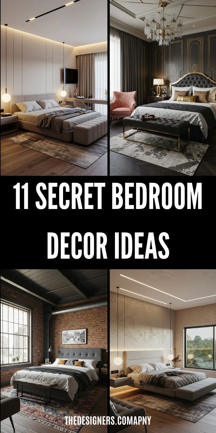 Image showcases four luxury bedroom designs with "11 Secret Bedroom Decor Ideas" text overlay. Top left: modern minimalist bedroom with gray upholstered headboard, warm LED ceiling lighting, neutral bedding, and sleek built-in storage. Top right: elegant dark bedroom featuring black tufted headboard, crystal chandelier, emerald accent chair, and rich textures. Bottom left: industrial loft bedroom with exposed brick walls, steel-framed windows, and vintage leather furniture. Bottom right: contemporary warm-toned bedroom with wood paneling, floating platform bed, and geometric lighting design.