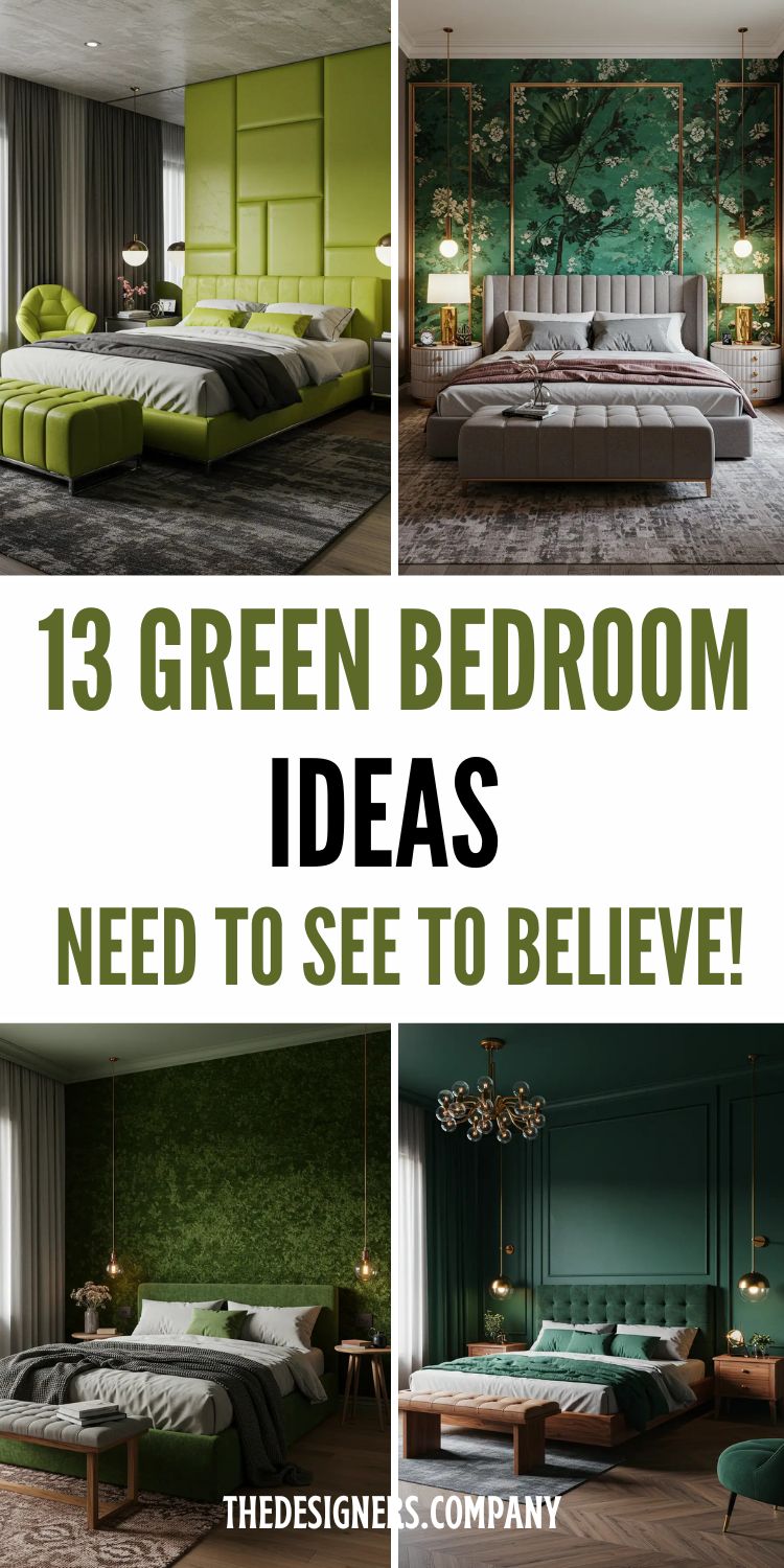 Collage showcasing four luxurious green bedroom designs with bold "13 GREEN BEDROOM IDEAS NEED TO SEE TO BELIEVE!" text overlay. Features lime green geometric headboard with modern lighting, emerald floral wallpaper with grey upholstered bed, textured moss green accent wall with pendant lights, and deep teal paneled walls with brass chandelier. Each room displays sophisticated styling with premium furnishings and dramatic lighting.