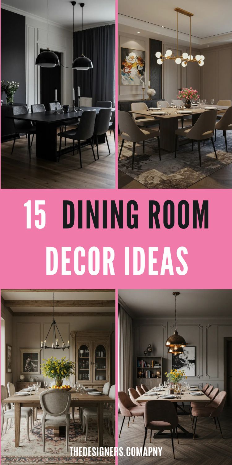 Image showcases four dining room designs, each with unique styles: an industrial luxe room with dark tones and modern lighting, a cozy, bright dining area with natural wood, a classic, vintage-inspired dining room with a rustic feel, and a contemporary space with elegant copper accents. The text "15 Dining Room Decor Ideas" is prominently displayed in bold black font on a vibrant pink background, drawing attention to the diverse styles and themes of dining room decor. Perfect for those seeking design inspiration.