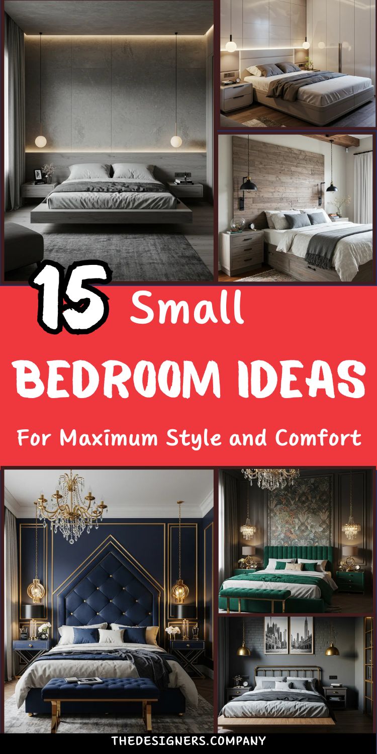 The image features a collection of 15 small bedroom design ideas for maximum style and comfort. It includes sleek minimalist bedrooms with neutral tones, cozy rustic designs with wood accents, and bold maximalist spaces with deep colors like navy and emerald. The bedrooms feature modern lighting, luxurious bedding, and unique décor pieces, emphasizing a blend of functionality and elegance. The text "15 Small Bedroom Ideas For Maximum Style and Comfort" is displayed in bold, vibrant red.