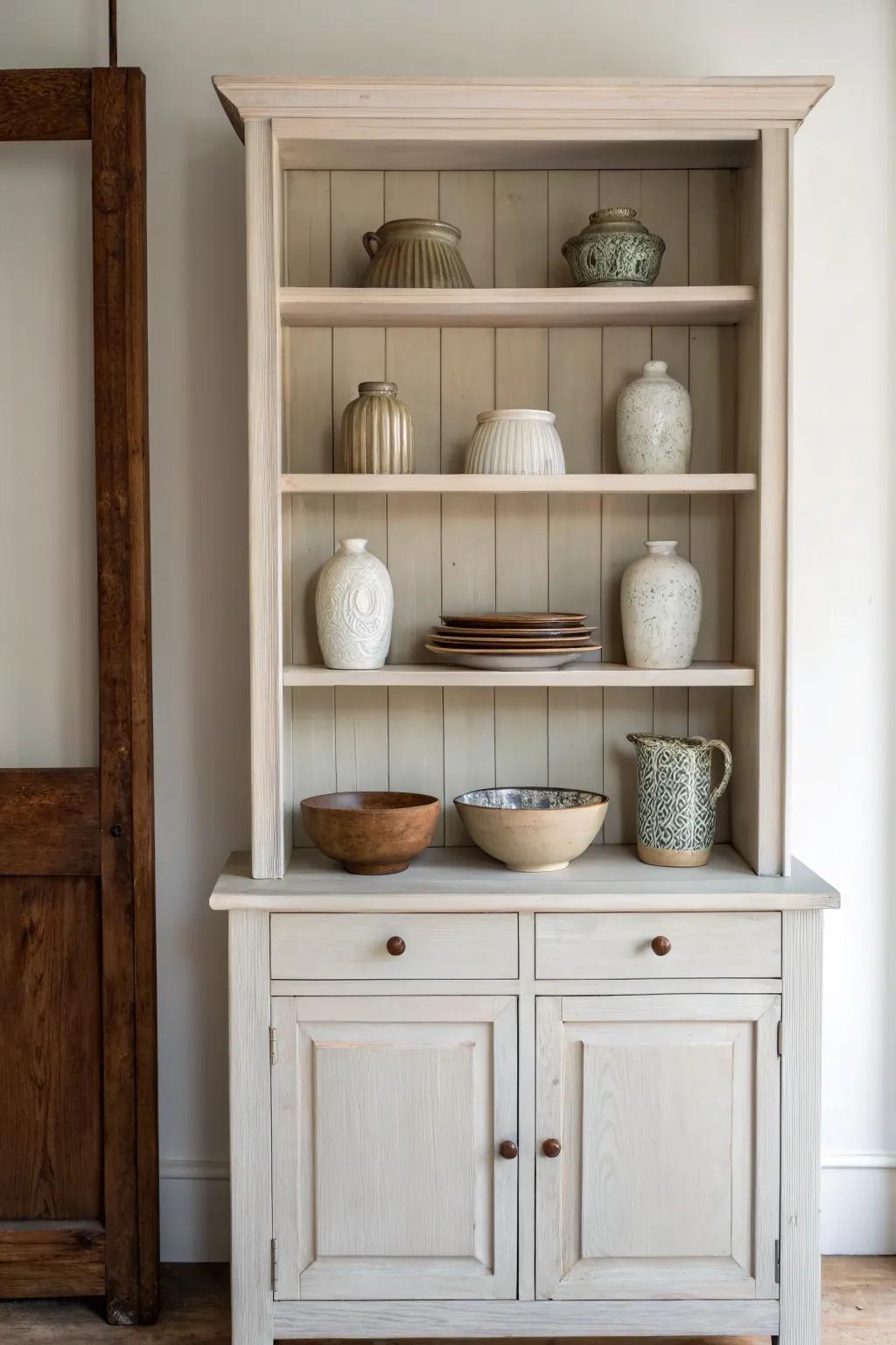 A minimalistic approach to styling a dining room hutch with antique ceramics.