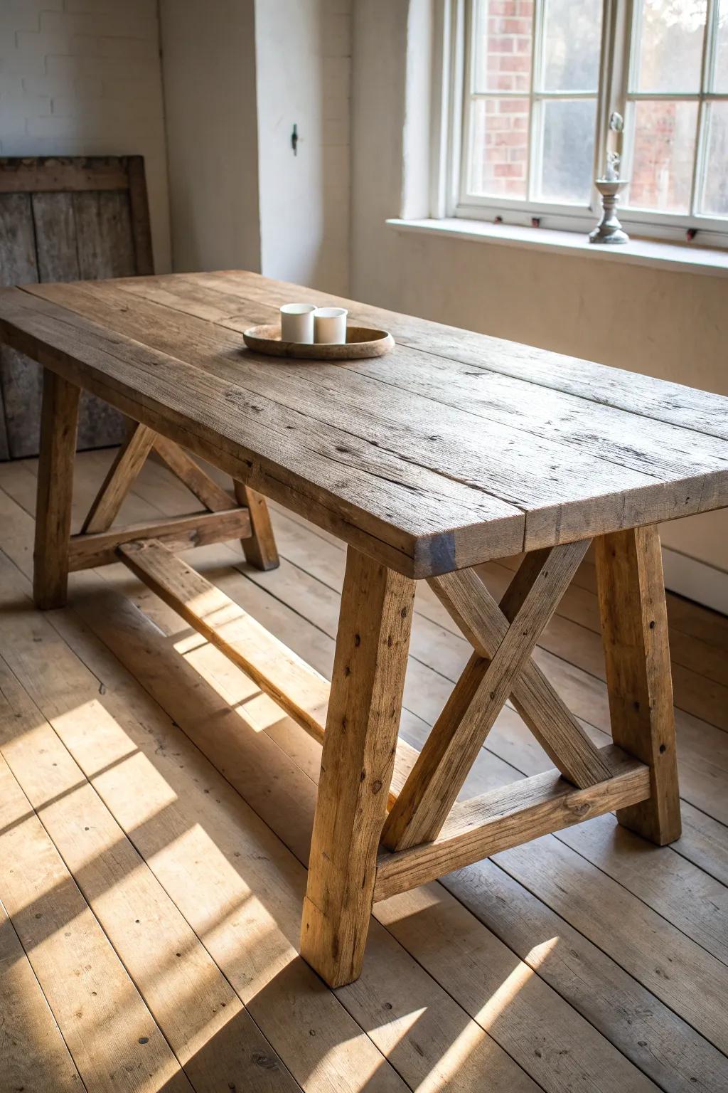 Embrace the beauty of rustic craftsmanship with this stunning farmhouse dining table, the perfect centerpiece for any cozy dining space.