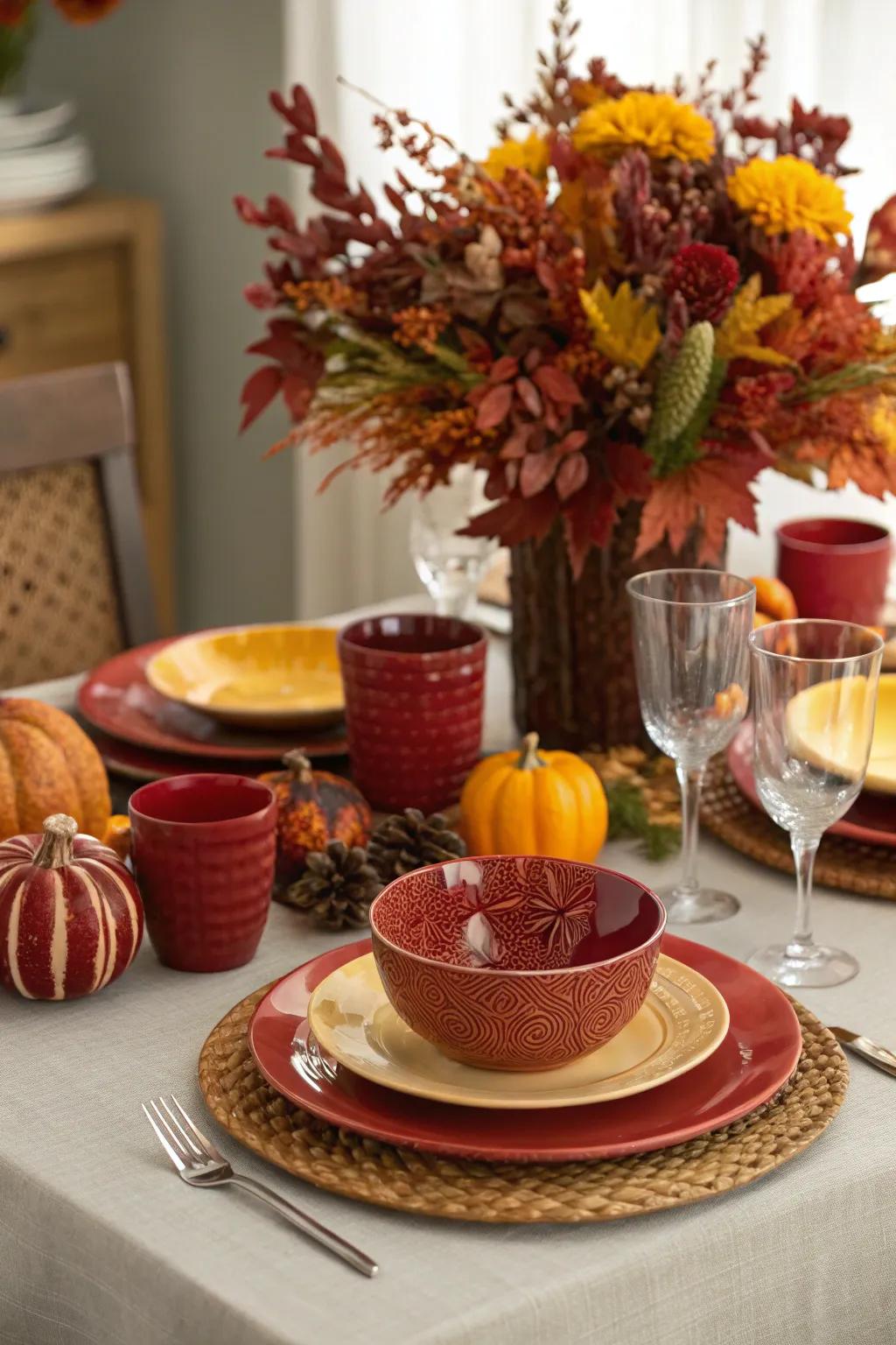 Dining table adorned with rich autumnal colors for a cozy ambiance.