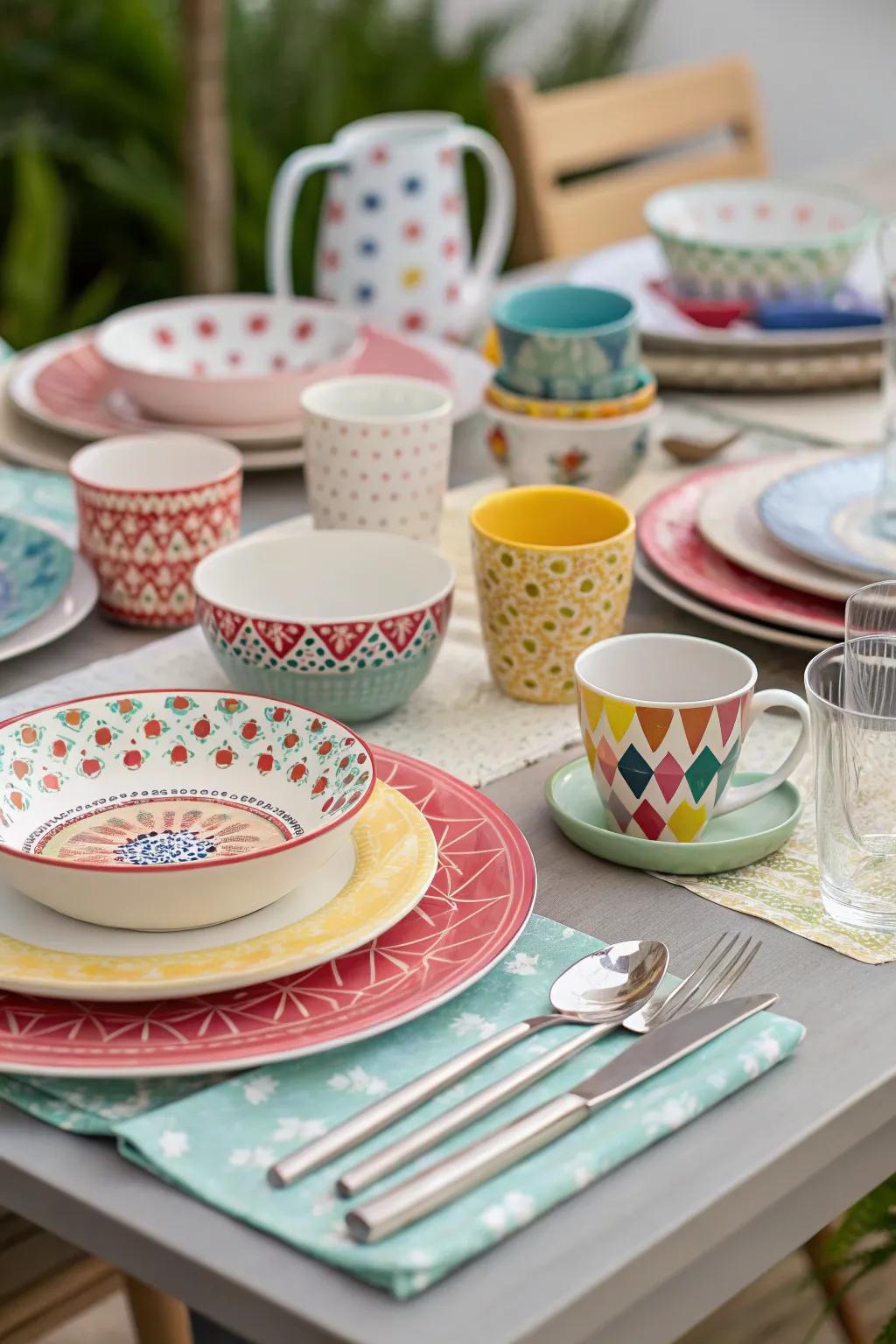 Mismatched tableware for an eclectic and playful table setting.