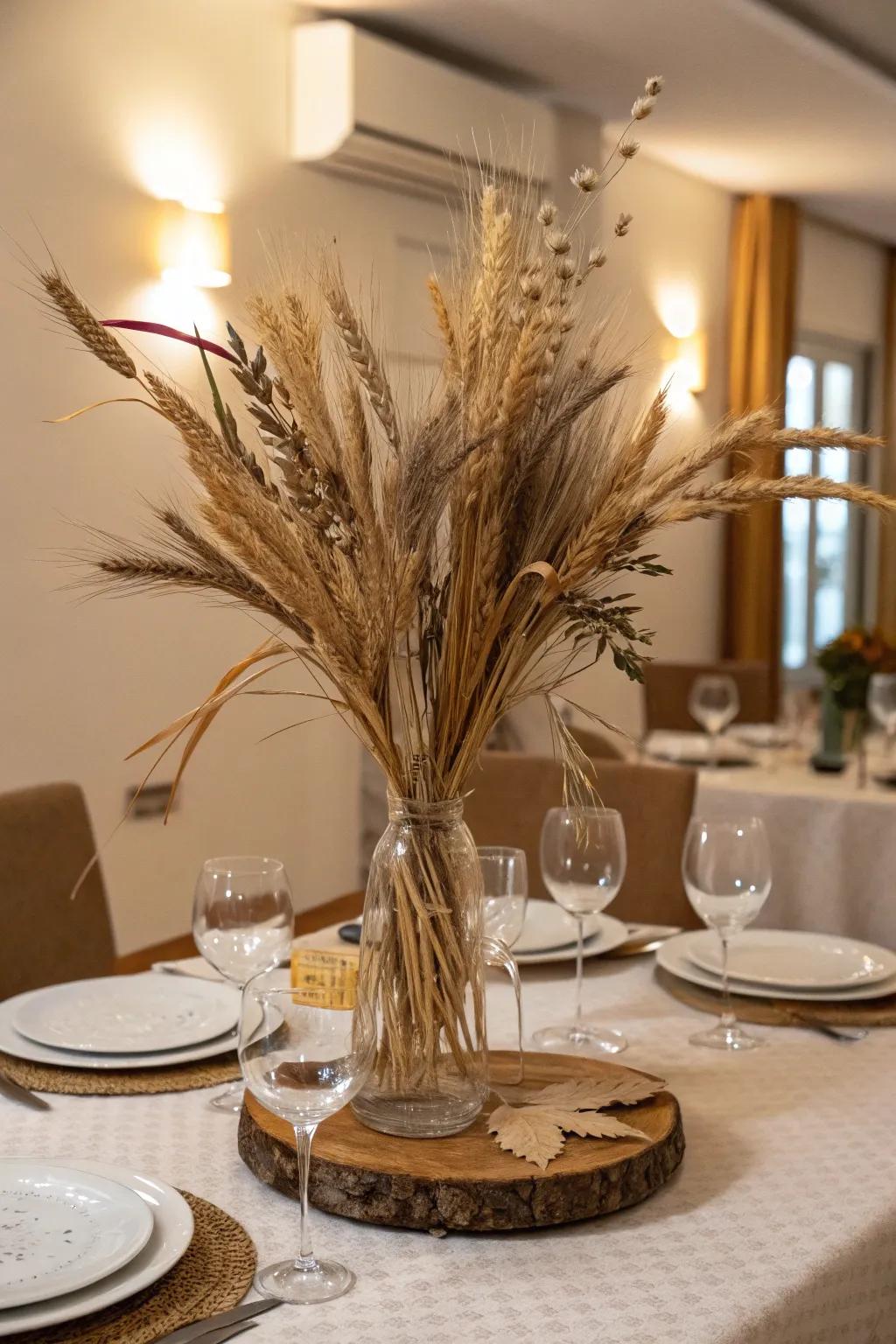 A minimalist centerpiece with dried wheat and branches.