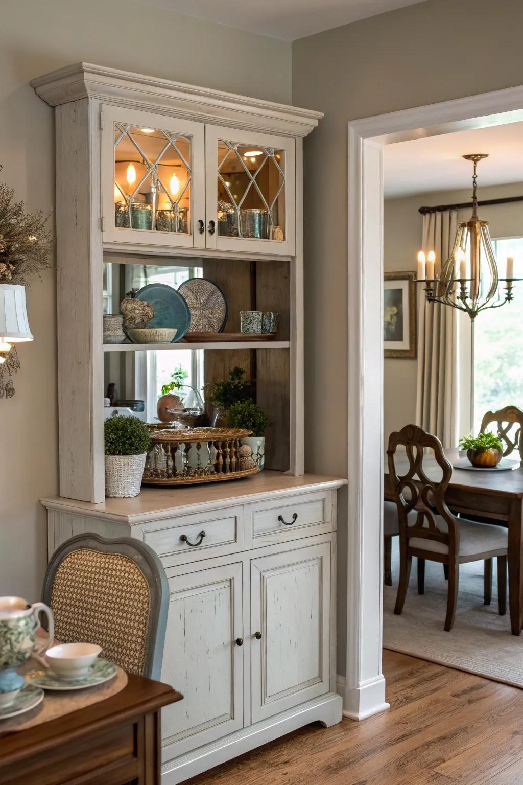 A dining room hutch with a small mirror that adds depth and reflects light.