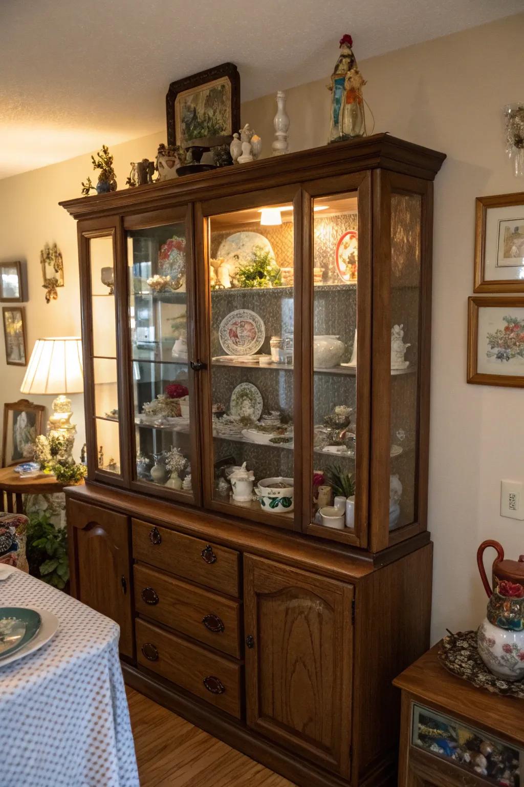 A dining room hutch featuring small art pieces and sculptures for a creative touch.
