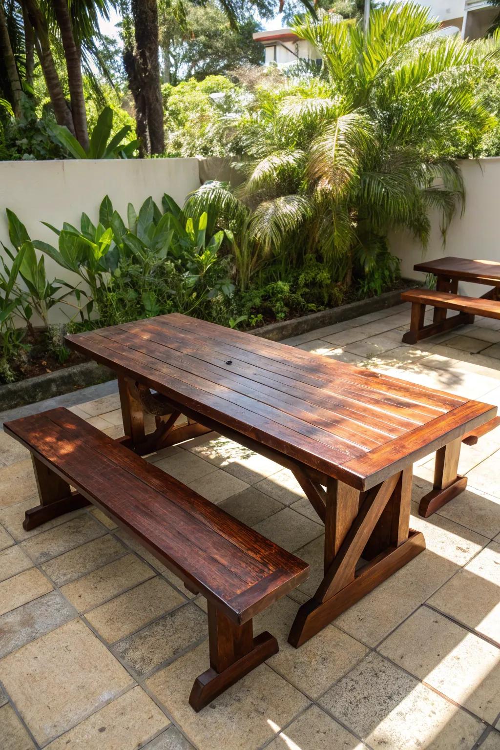 Elevate your outdoor gatherings with this handcrafted picnic-style dining table, where craftsmanship meets nature.