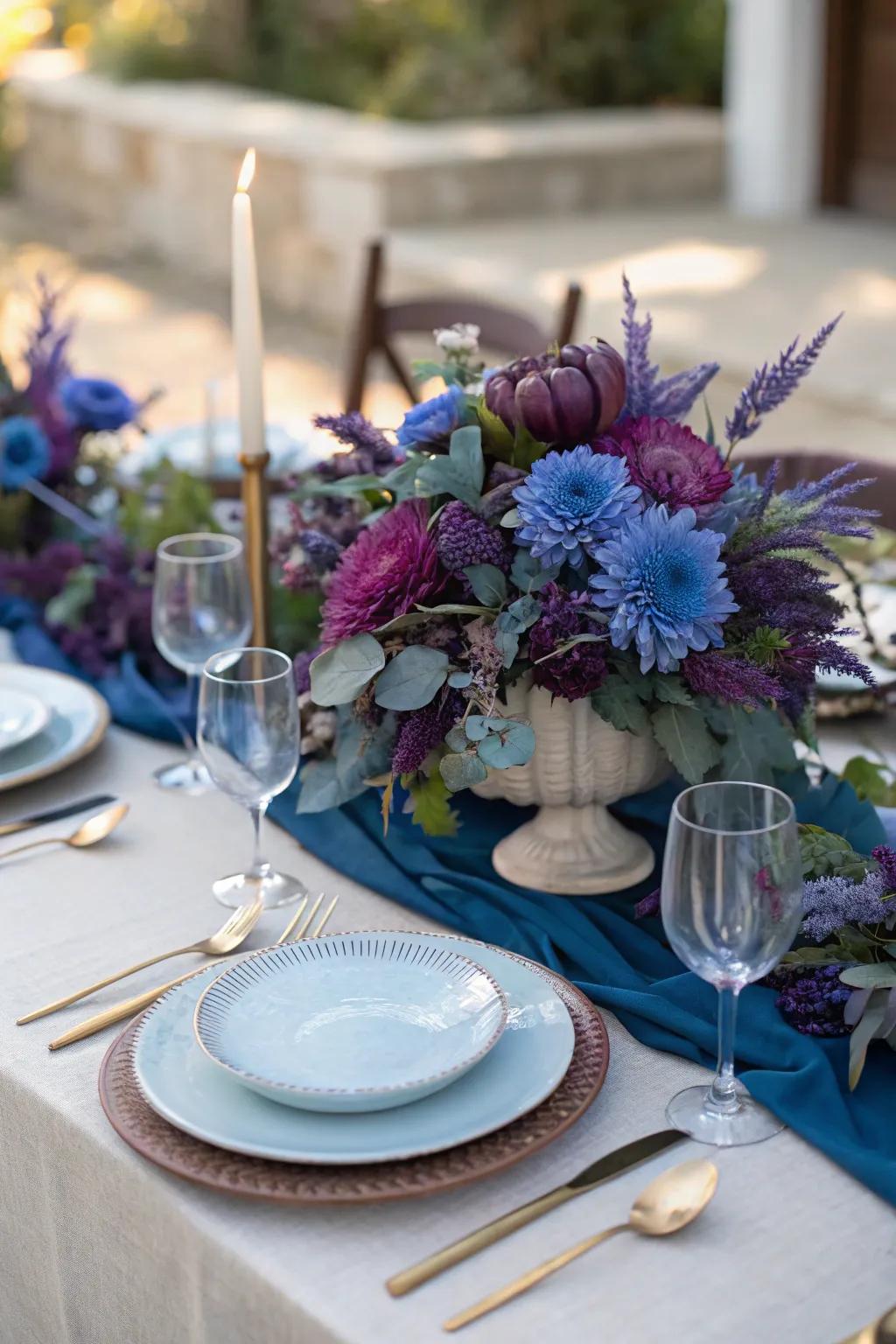 A unique fall table setting with unexpected color choices.