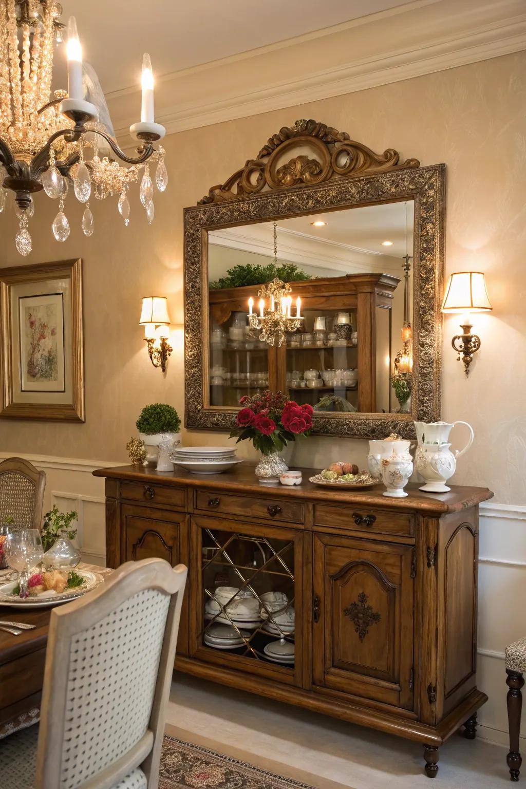 An ornate mirror reflects light and elegance in this vintage dining room.