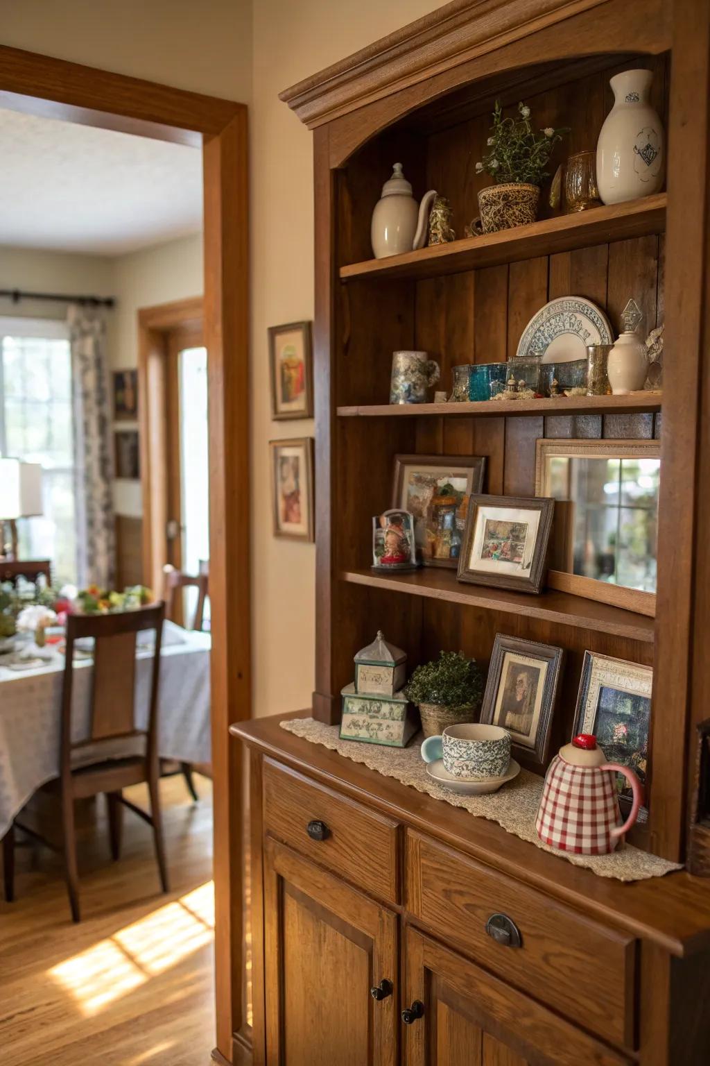 A dining room hutch displaying personal items like travel souvenirs and crafts.