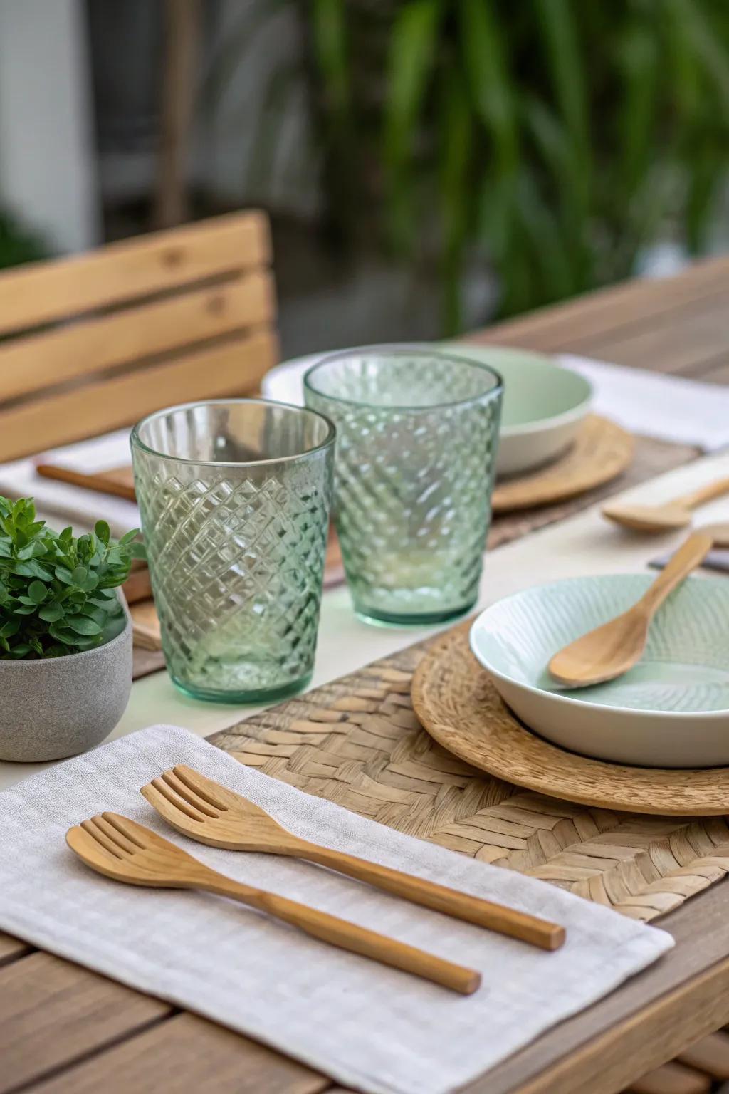 Eco-friendly accents like bamboo utensils and recycled glassware enhancing the table setting.