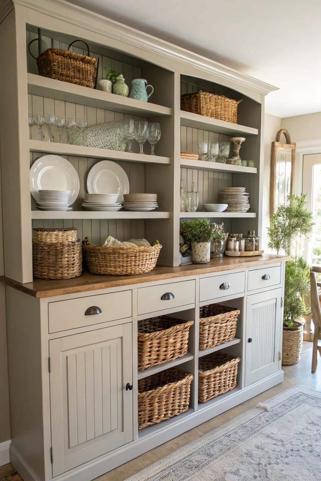 A dining room hutch with a mix of open shelves and baskets for balanced storage.