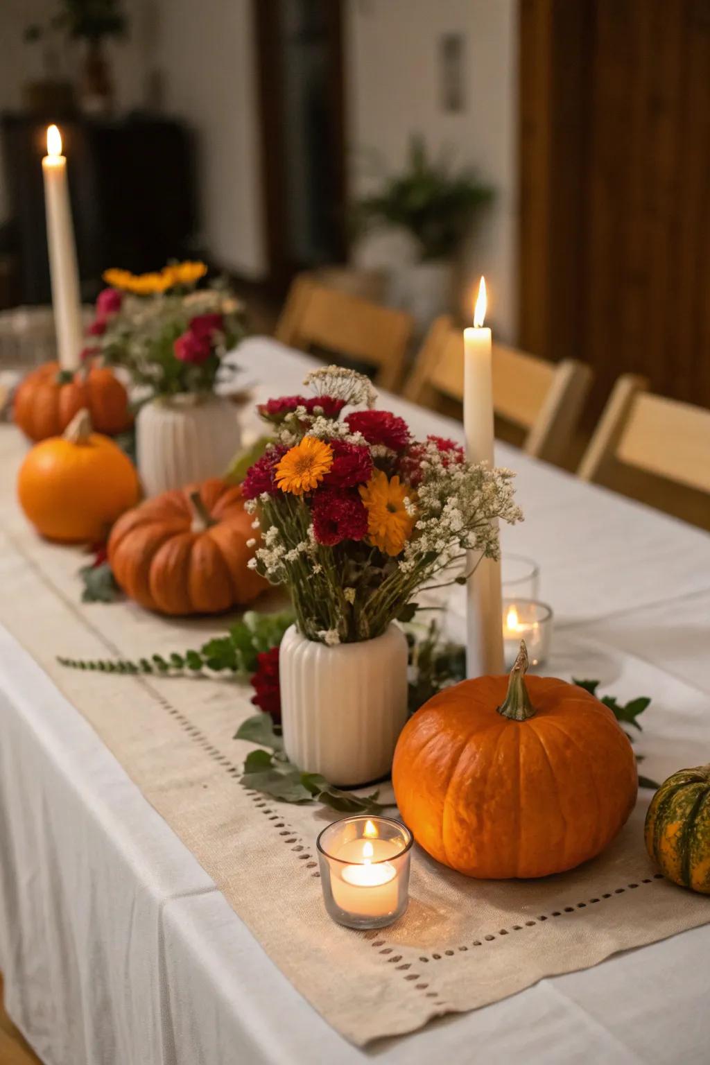 Mini pumpkins used creatively as vessels for candles or flowers.