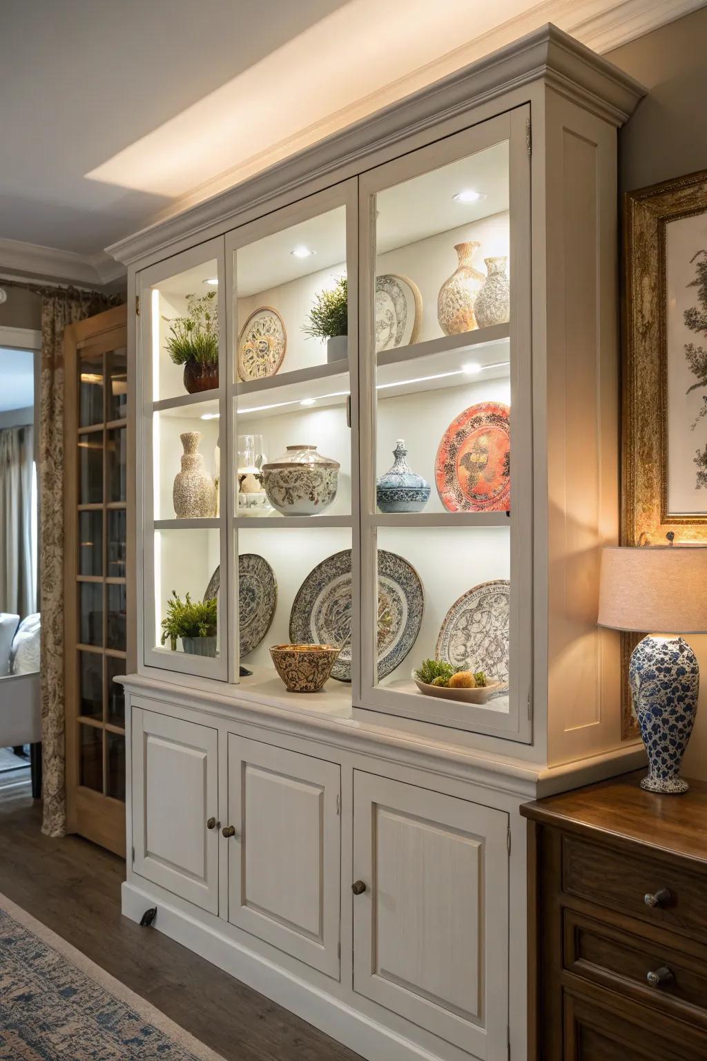 A dining room hutch with integrated lighting to highlight display items.
