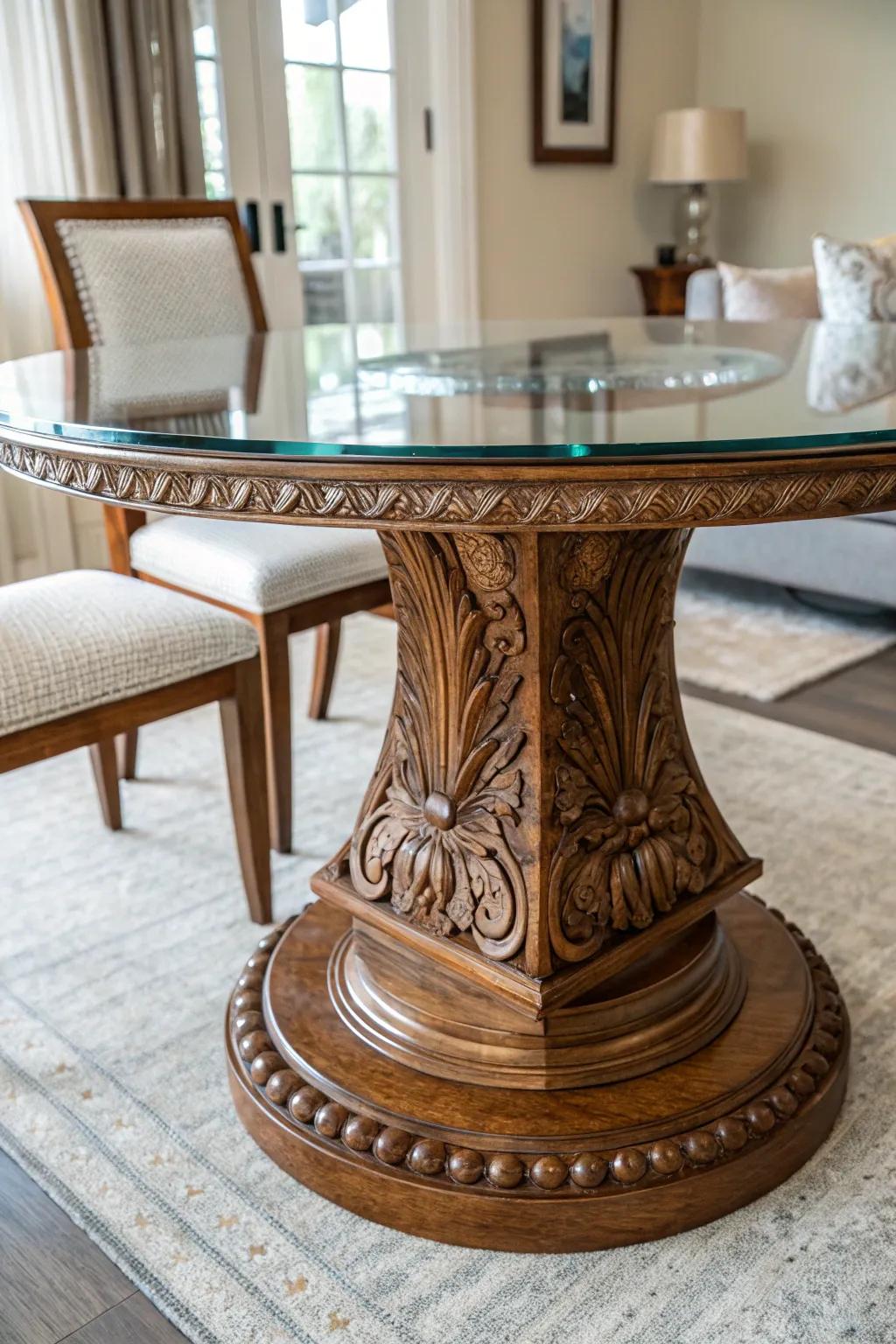 Elevate your dining space with a blend of elegance and craftsmanship: a glass top with a wooden base.