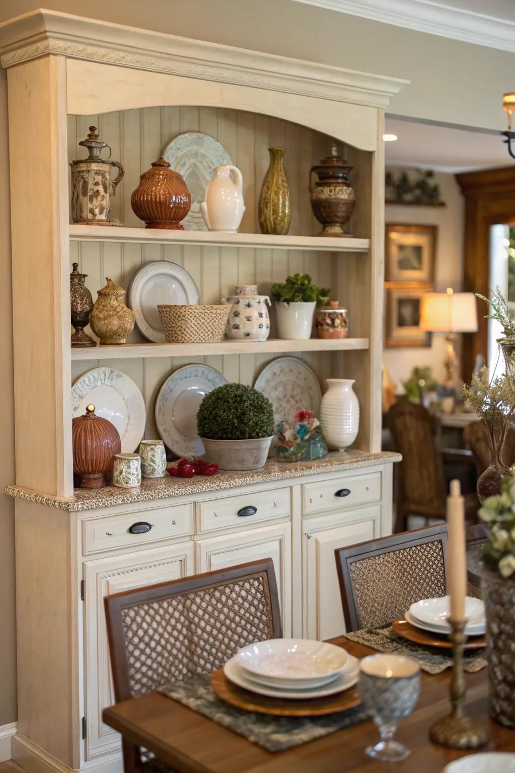 A dining room hutch featuring a variety of shapes in decor items for visual interest.