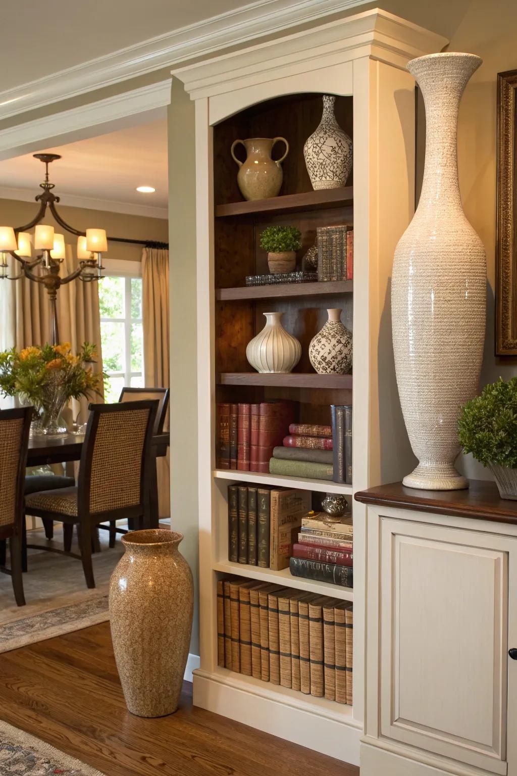 A dining room hutch utilizing vertical space with tall vases and stacked books.