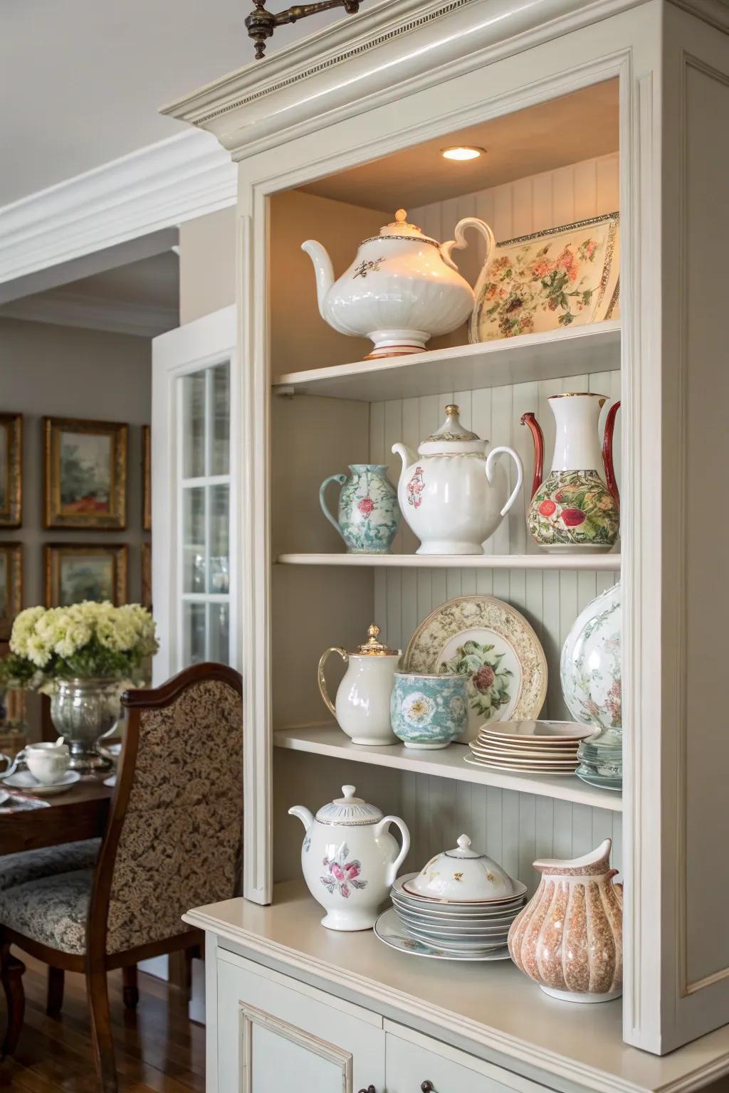 A dining room hutch showcasing a collection of vintage teapots and vases.