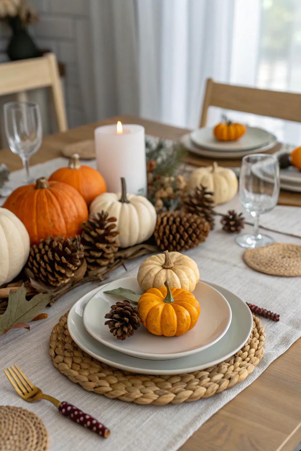 Natural elements like pumpkins and pinecones enhancing the fall table decor.