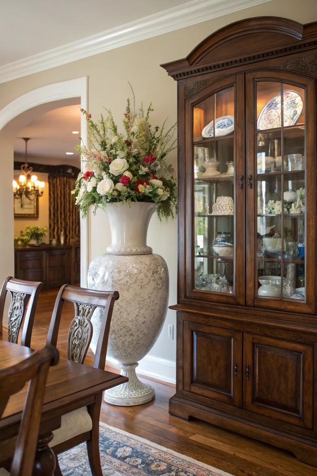 A dining room hutch with a central focal point like a large vase for maximum impact.