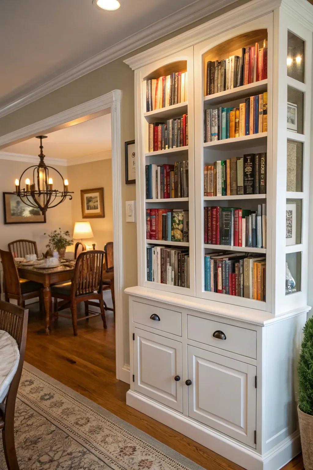 A dining room hutch featuring a display of books arranged both vertically and horizontally.