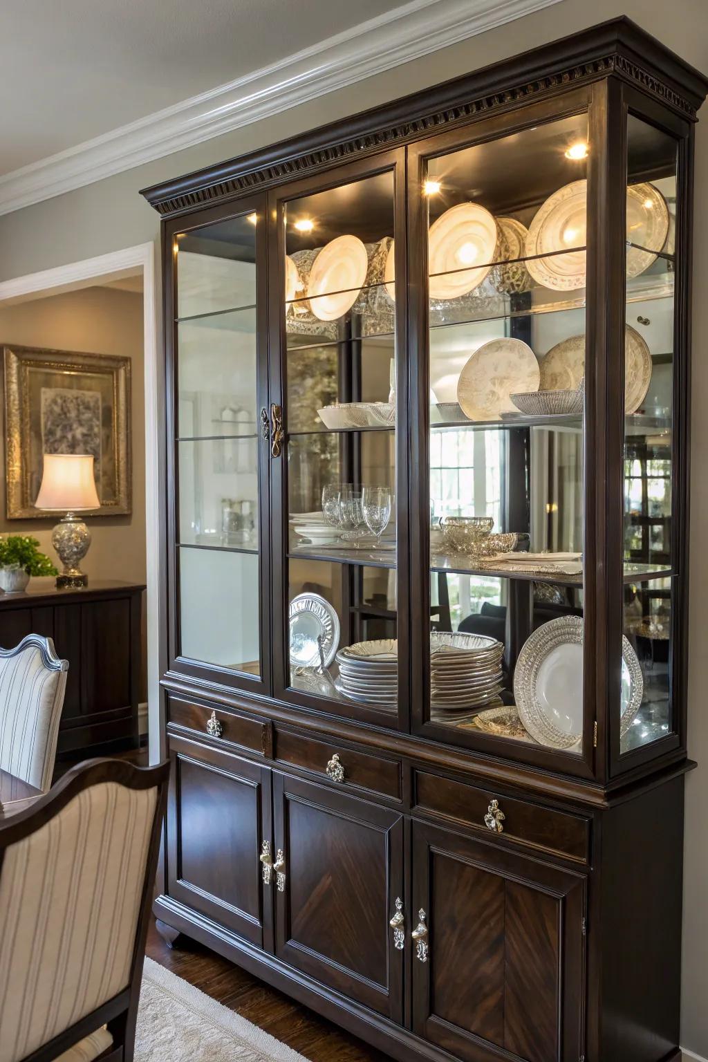 A dining room hutch featuring reflective surfaces like mirrored trays to enhance light.