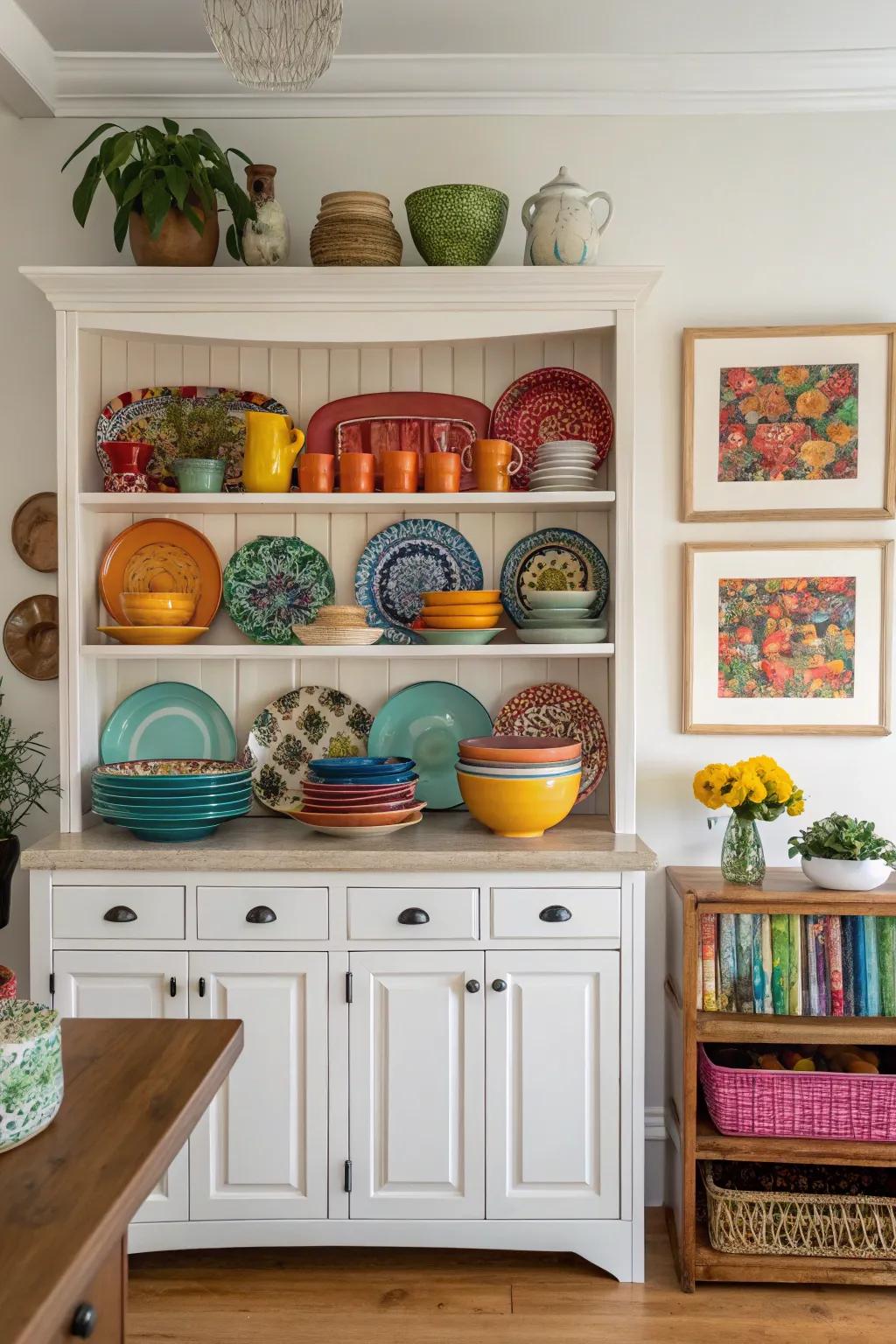 A dining room hutch adorned with colorful plates and art pieces for a pop of color.