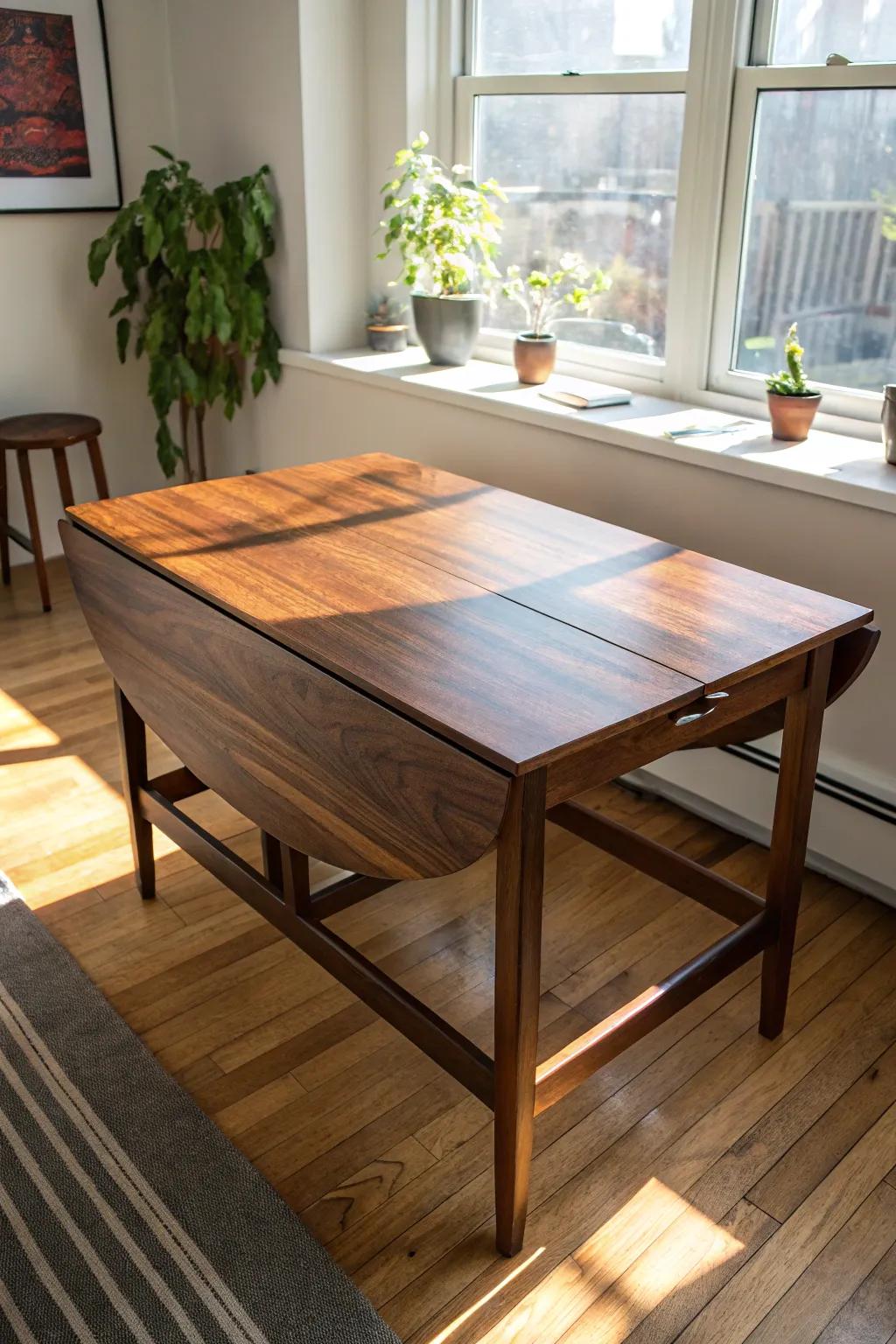 Maximize your space without compromising on style with this elegant drop-leaf dining table.