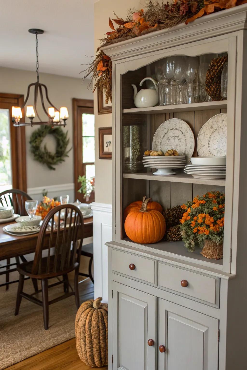 A dining room hutch decorated with seasonal items like pumpkins and wreaths.