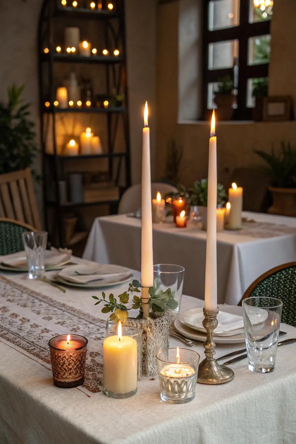 Candles of varying heights adding warmth and charm to the table.