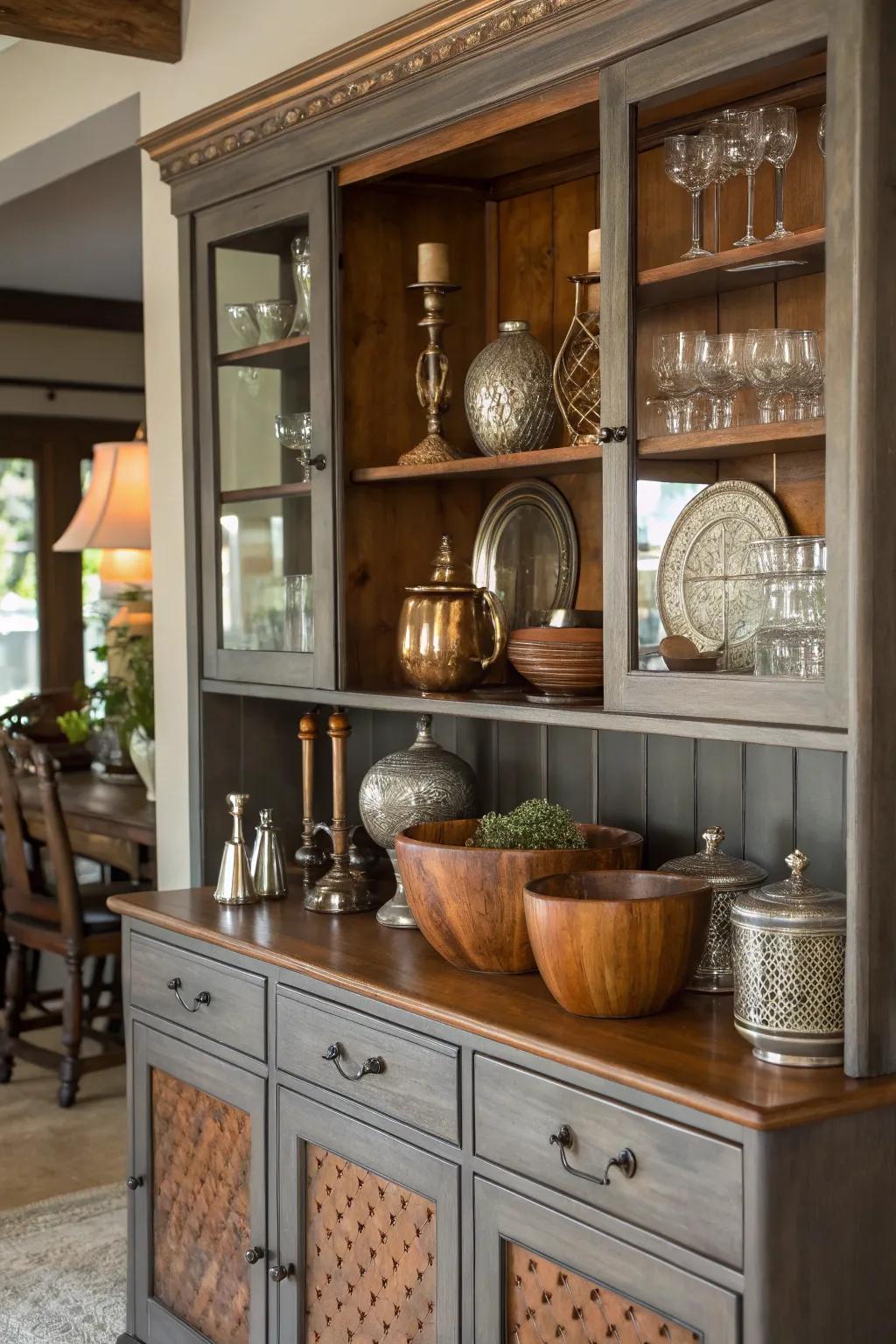 A dining room hutch featuring a mix of glass, metal, and wooden decorations.