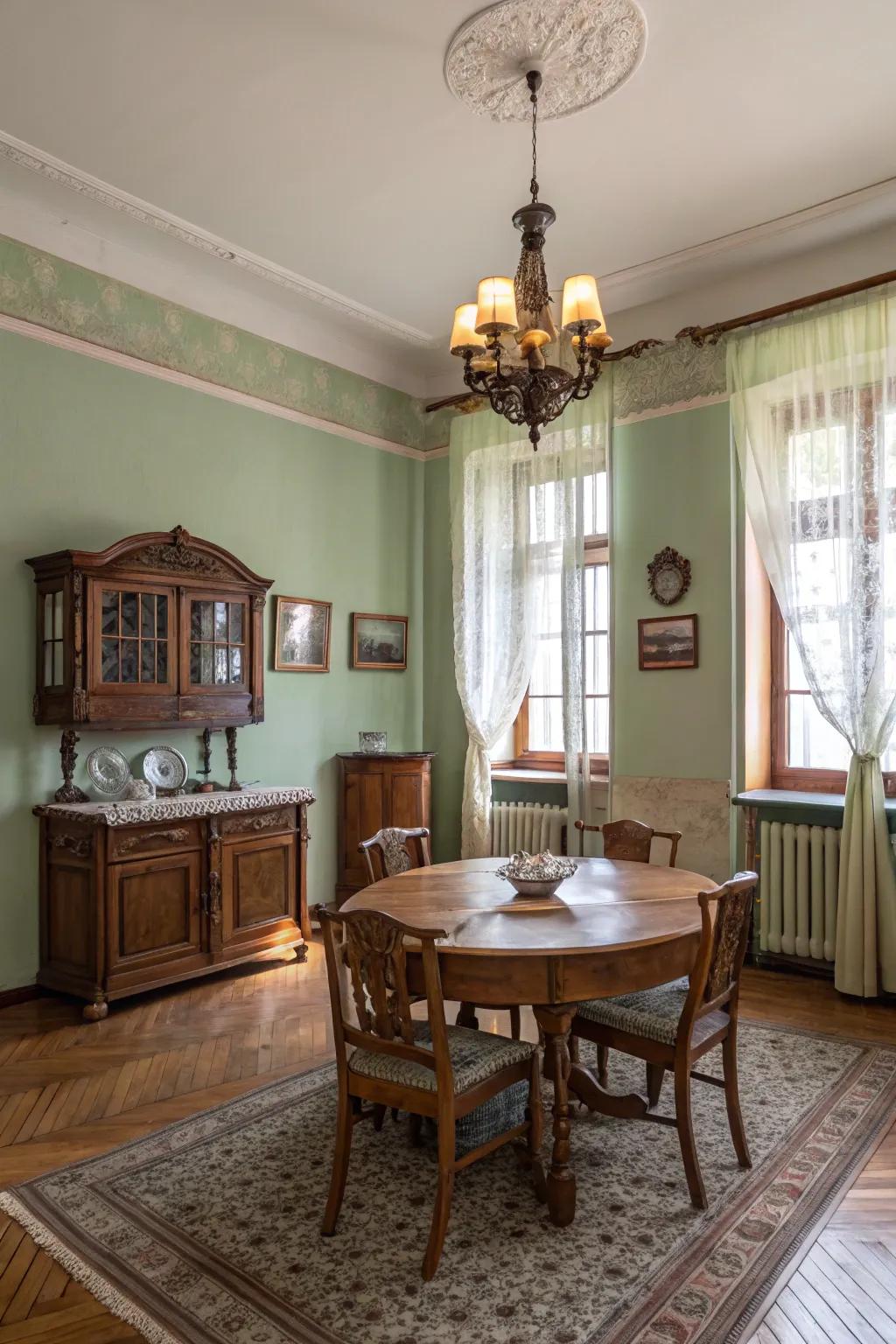 Sage green walls provide a peaceful backdrop for this vintage dining space.