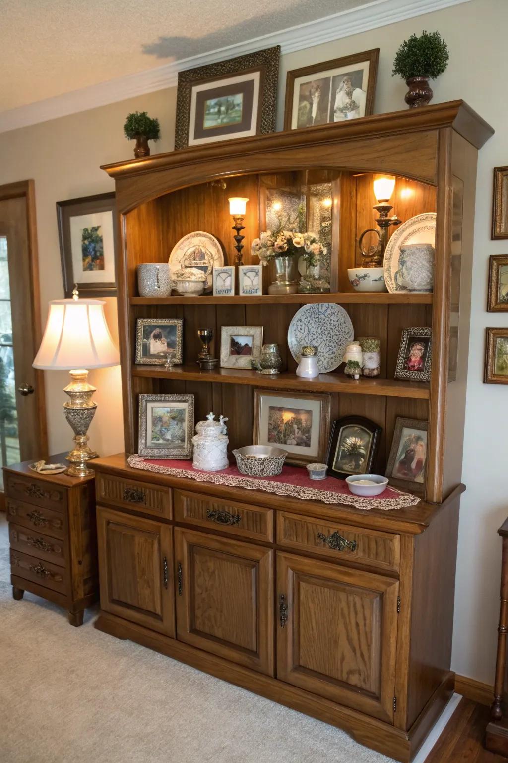 A dining room hutch displaying sentimental family heirlooms and gifts.