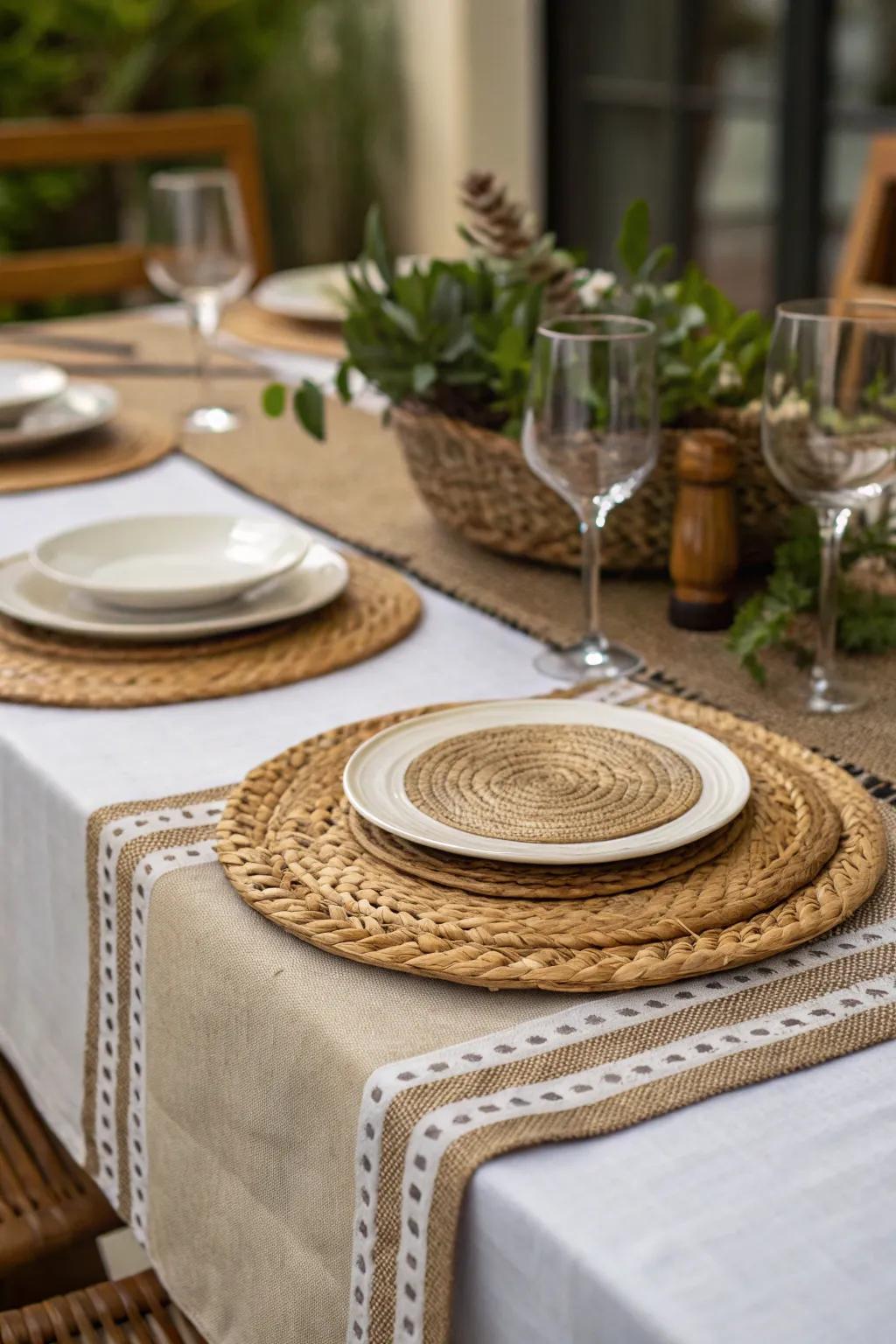 Layered textiles creating a warm and inviting table setting.