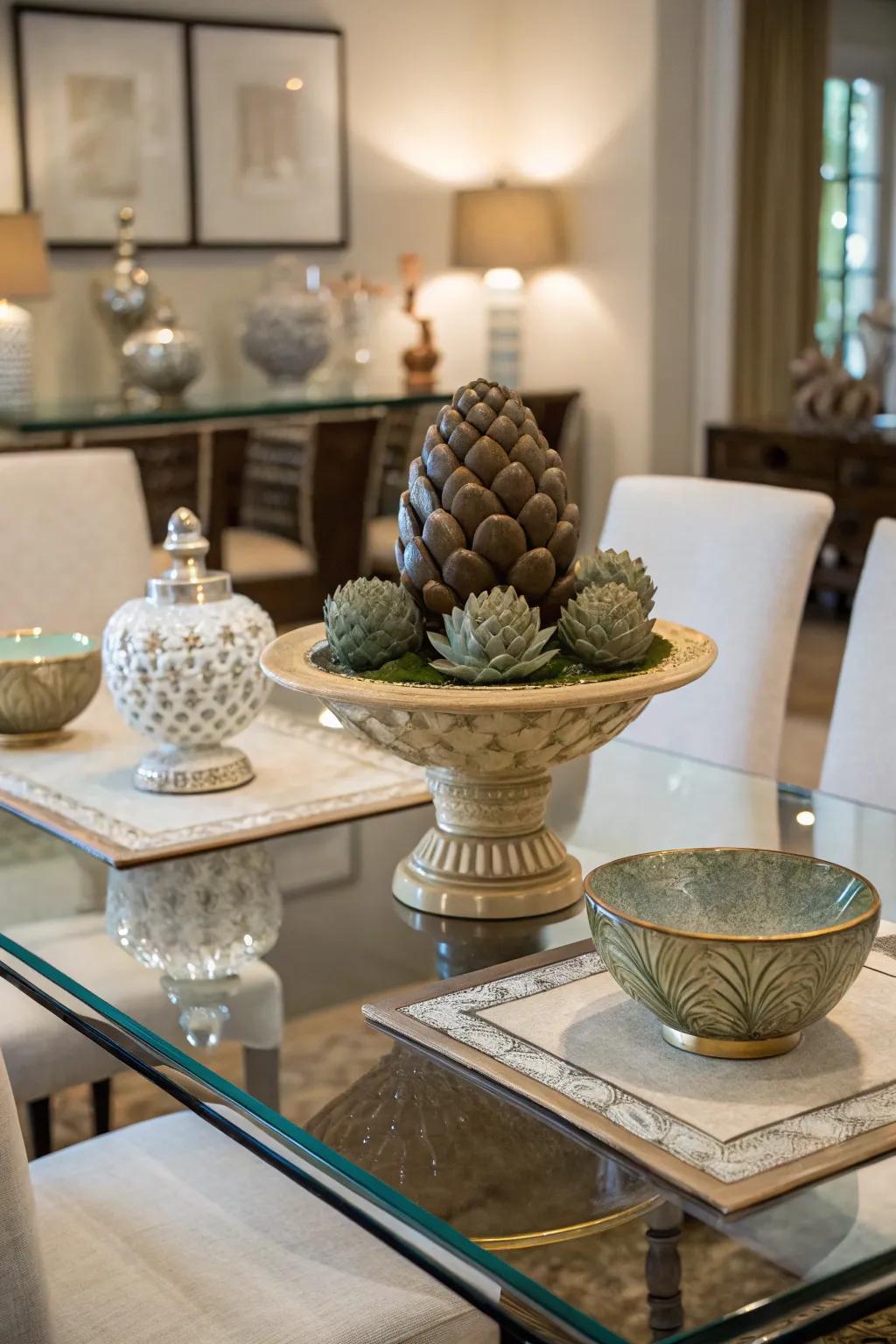 Artistic sculptures and bowls add a creative touch to a glass dining table.