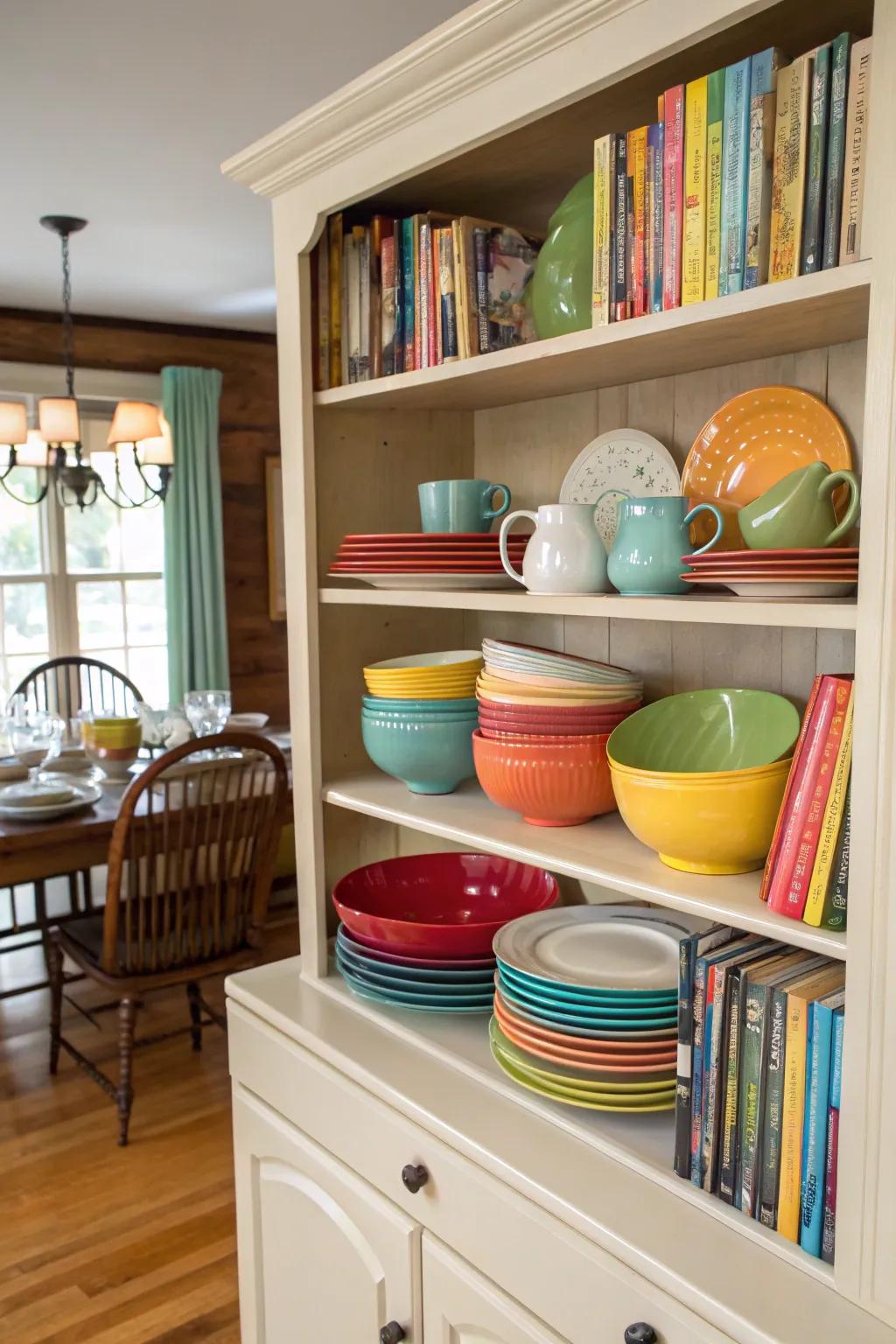 A dining room hutch featuring functional items like colorful dishes and cookbooks.