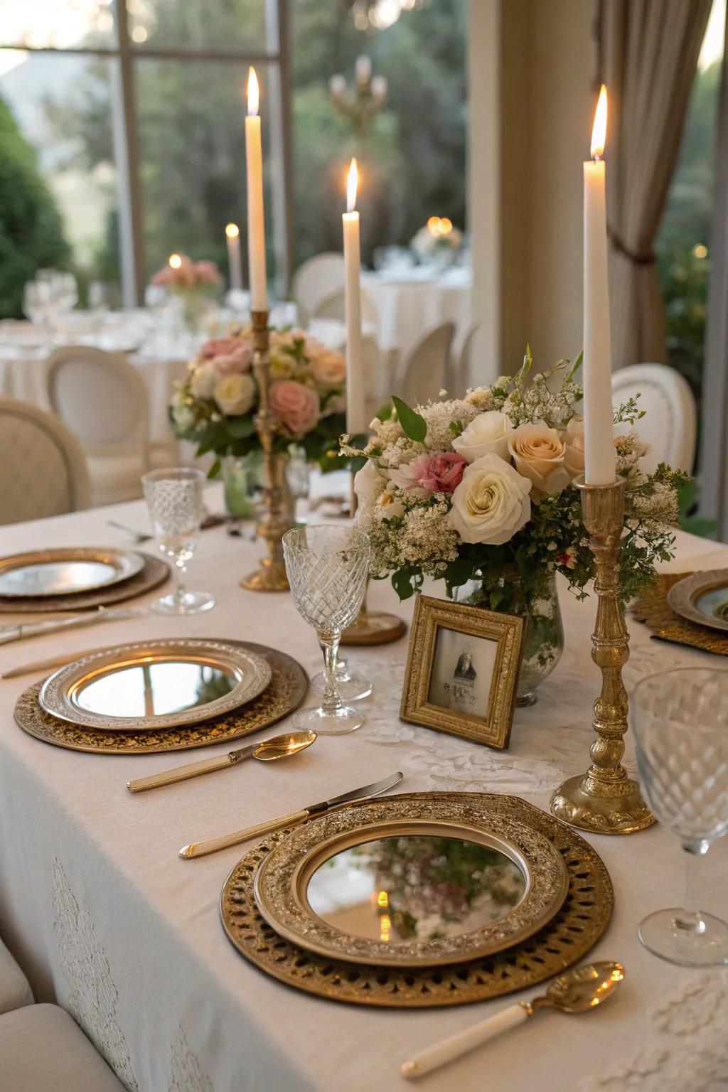 Vintage mirrors used as chargers for a surprising and elegant twist.