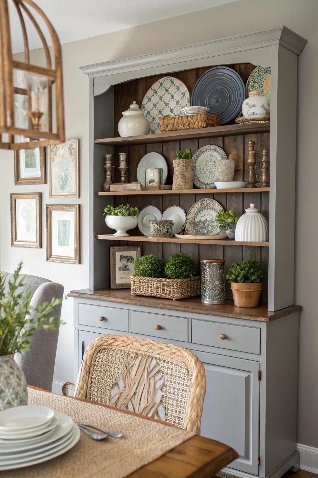 A dining room hutch showcasing decor at varying heights using risers and stacked books.