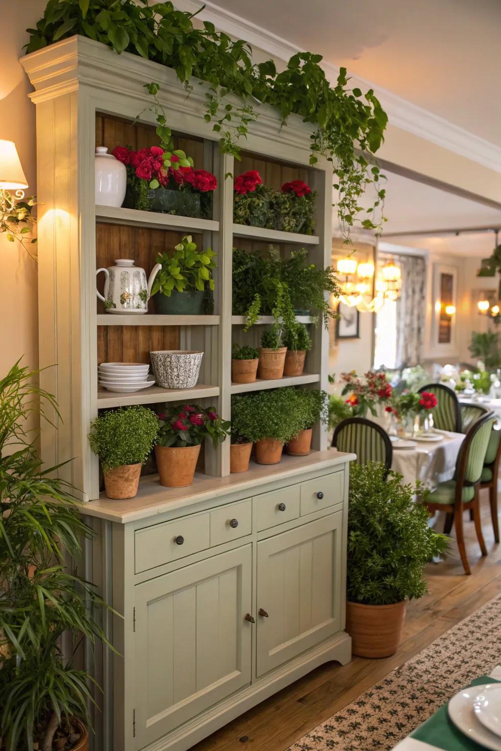 A dining room hutch enhanced with greenery and small potted plants.