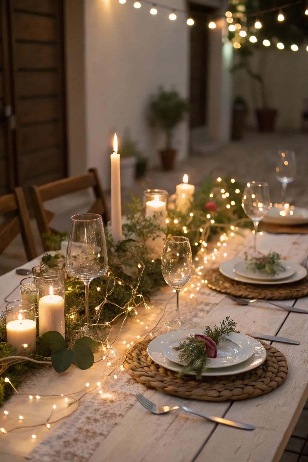 String lights adding a whimsical glow to the fall table setting.