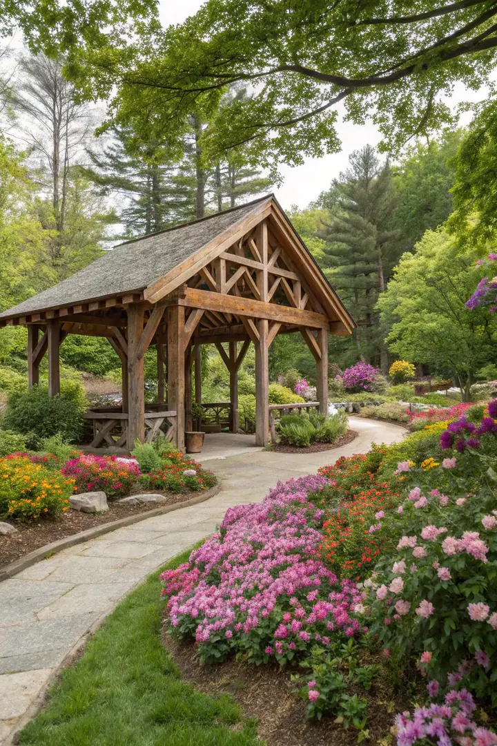Rustic wooden backyard pavilion with rough-hewn posts and a cedar shake roof