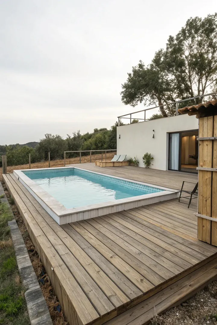 minimalist single-level pressure-treated pine deck platform beside an above-ground pool